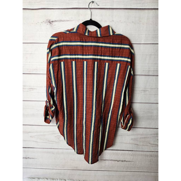 Favlux Womens Hi Lo Top Multicolor Striped Long Sleeve Button Tie Front Blouse S - Picture 2 of 6